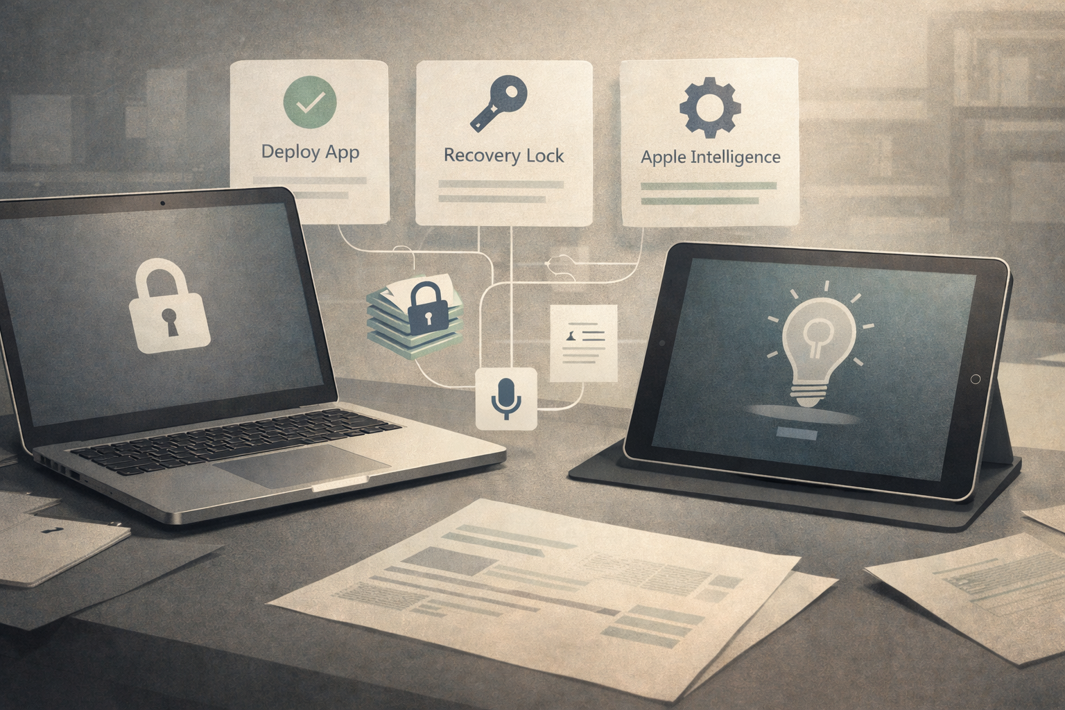Editorial Apple device management image for DDM, Recovery Lock, and Apple Intelligence controls