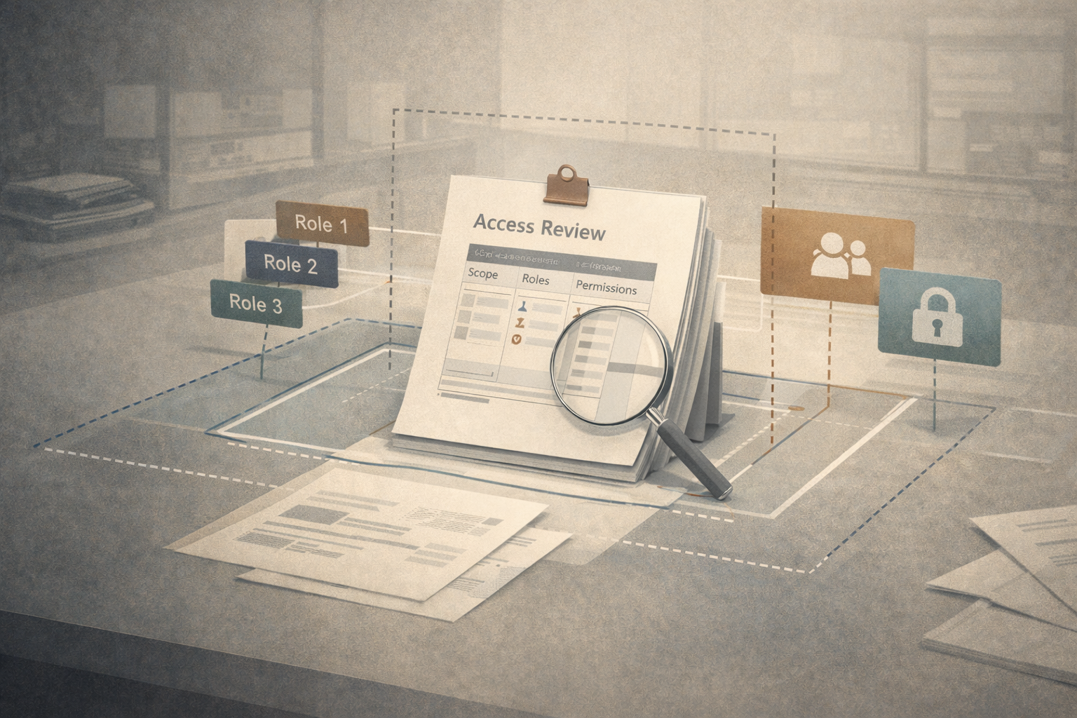 Editorial governance image representing scoped permissions, access boundaries, and Intune RBAC review