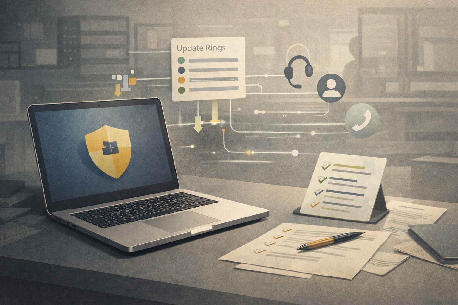 Editorial Windows operations image showing update management, Remote Help connectivity, and hotpatching